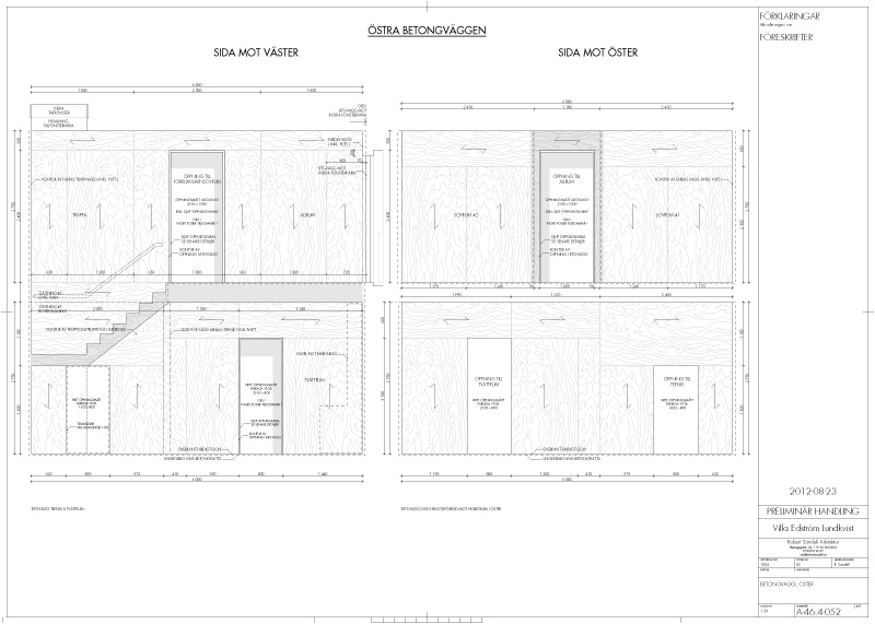 Villan i Täbys arkitektritning av betongväggarna i sektion