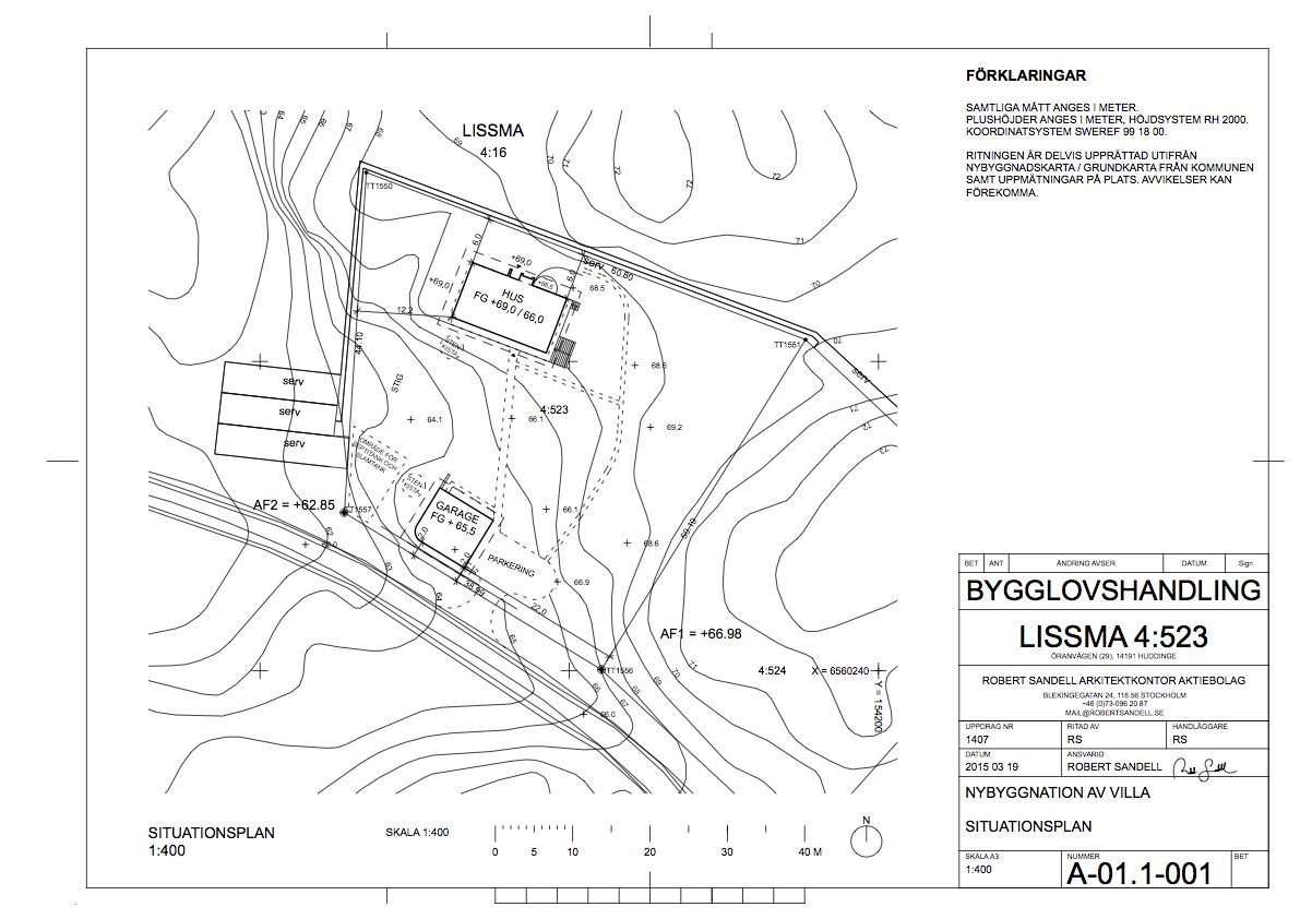 Ritning för bygglov av ny villa i Huddinge.