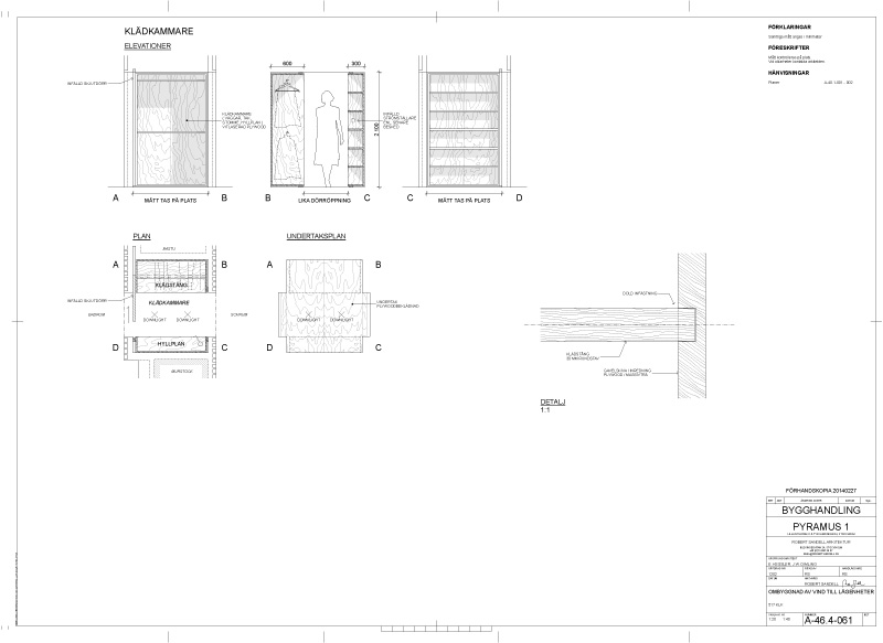 Ritning av klädkammare av arkitekt Robert Sandell