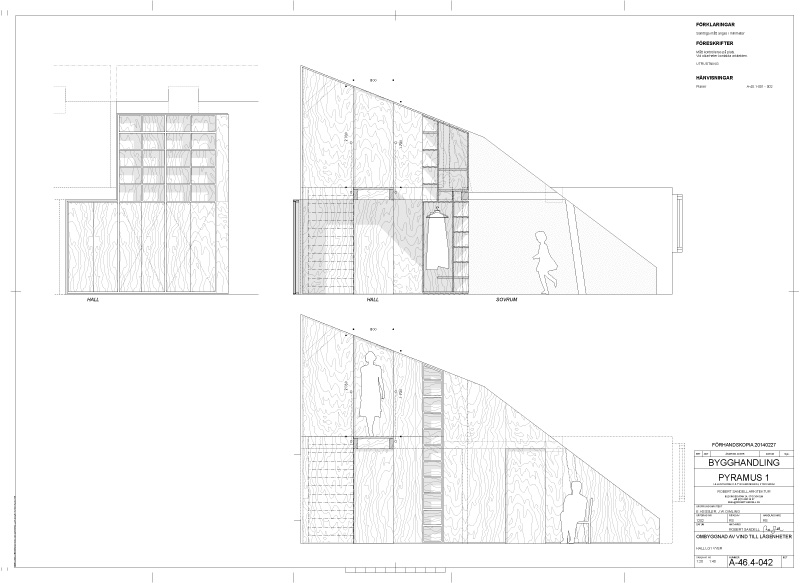 Arkitektritning över bokhylla och spång